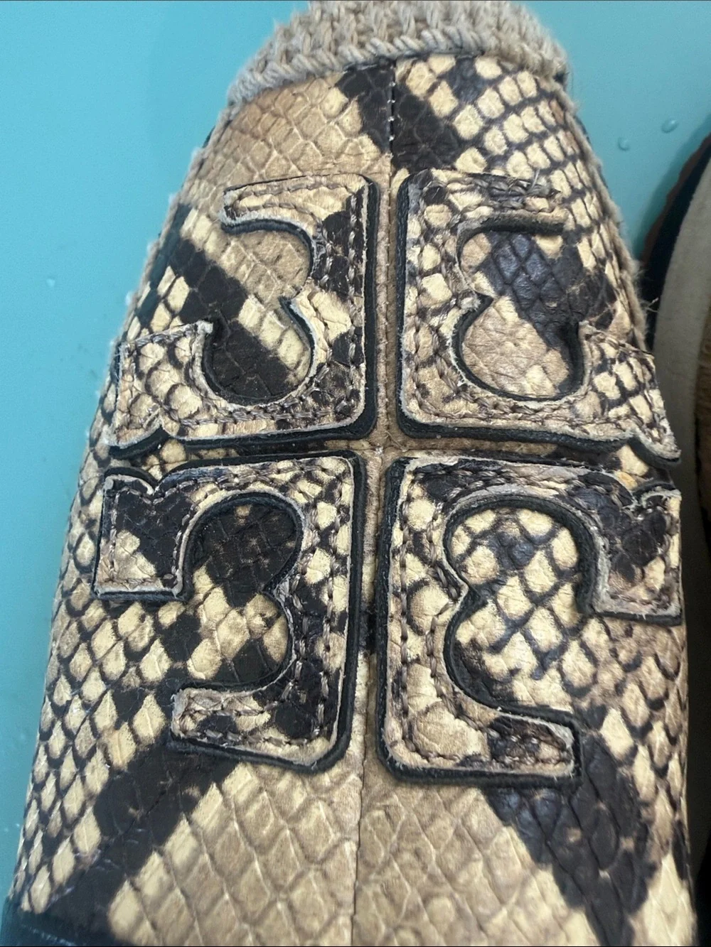 Tory Burch Beige and Black Snake-Print Slip-On Leather Espadrilles
